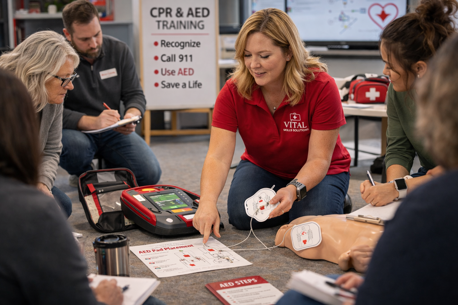 AED training demonstration at a Vital Skills Solutions class